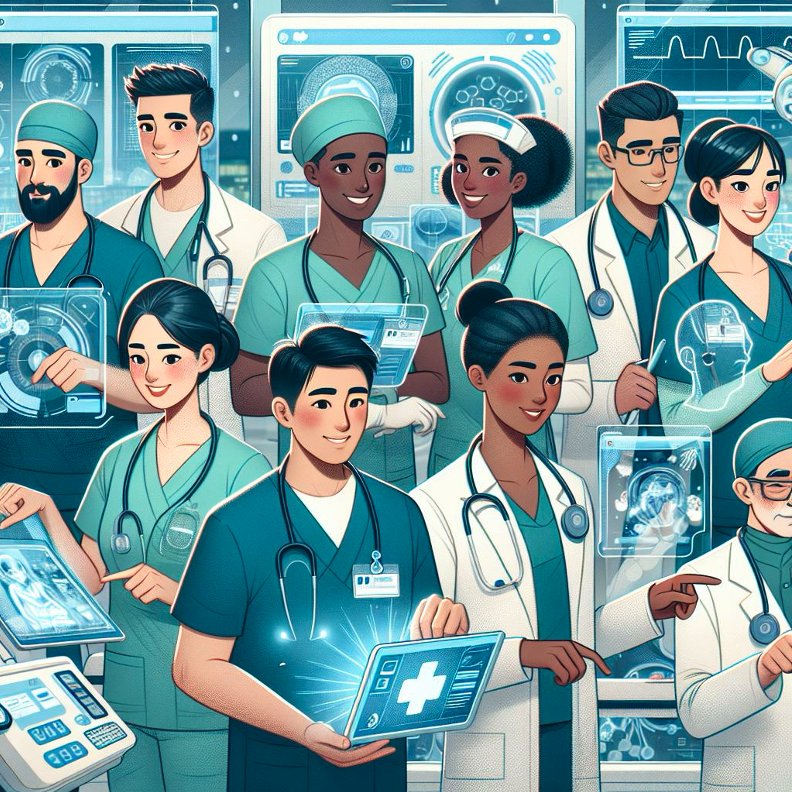 A diverse group of healthcare professionals, such as doctors and nurses, are shown interacting with advanced digital interfaces and holograms. They are dressed in scrubs, lab coats, and medical attire, and are using various high-tech devices such as tablets, holographic screens, and digital diagnostic tools. The background features multiple digital displays with medical data, charts, and diagrams.