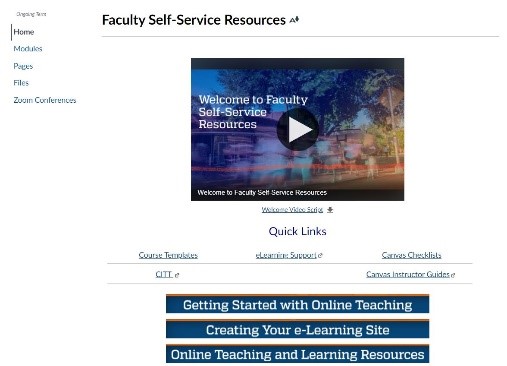 Home page of the Faculty Self Service Resources course site.