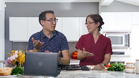 Chris Sharp and Leslie Mojeiko discuss technology and tools with a kitchen backdrop.