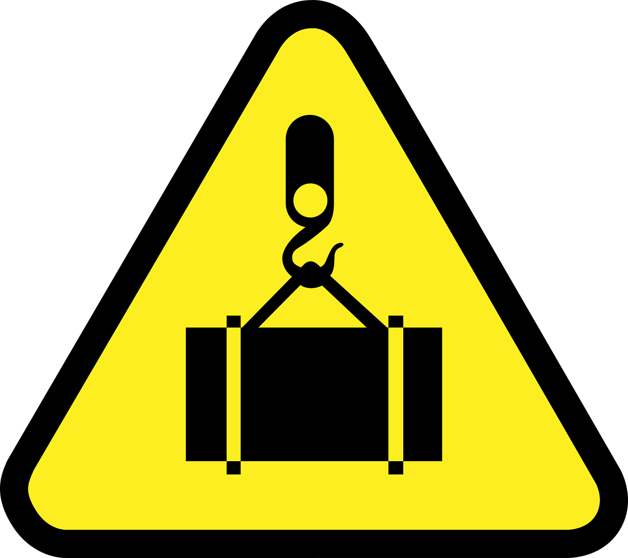 A yellow warning sign with a crane lifting a suitcase.